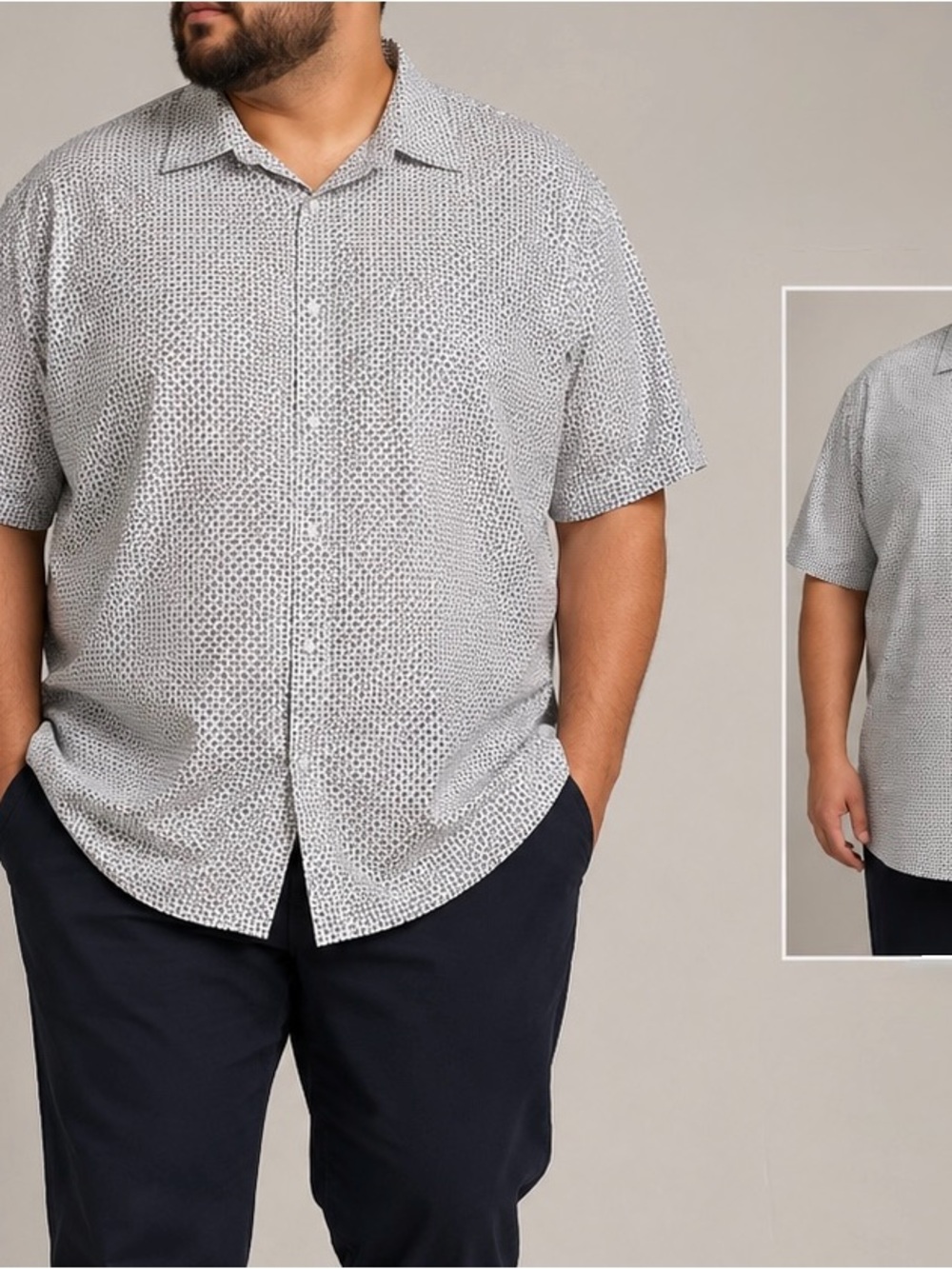 Perry Ellis Short-Sleeve White and Gray Dot-Print Button-Down Shirt